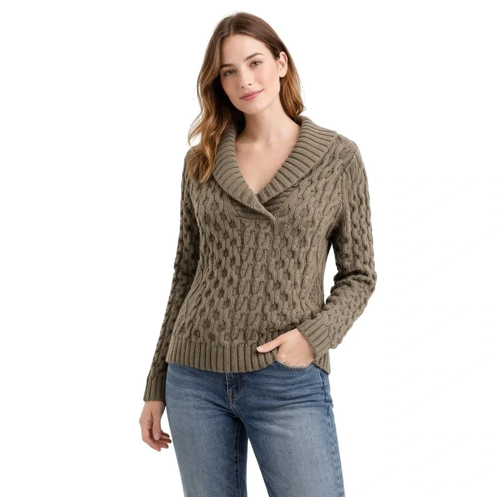 Denim & Supply‎ Womens Sweater Cropped Cable Knit Shawl Collar Olive Green Med